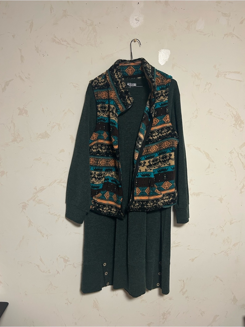 Women’s Dark Green Knit Sweater Dress with Patterned Vest ( 2 pieces)